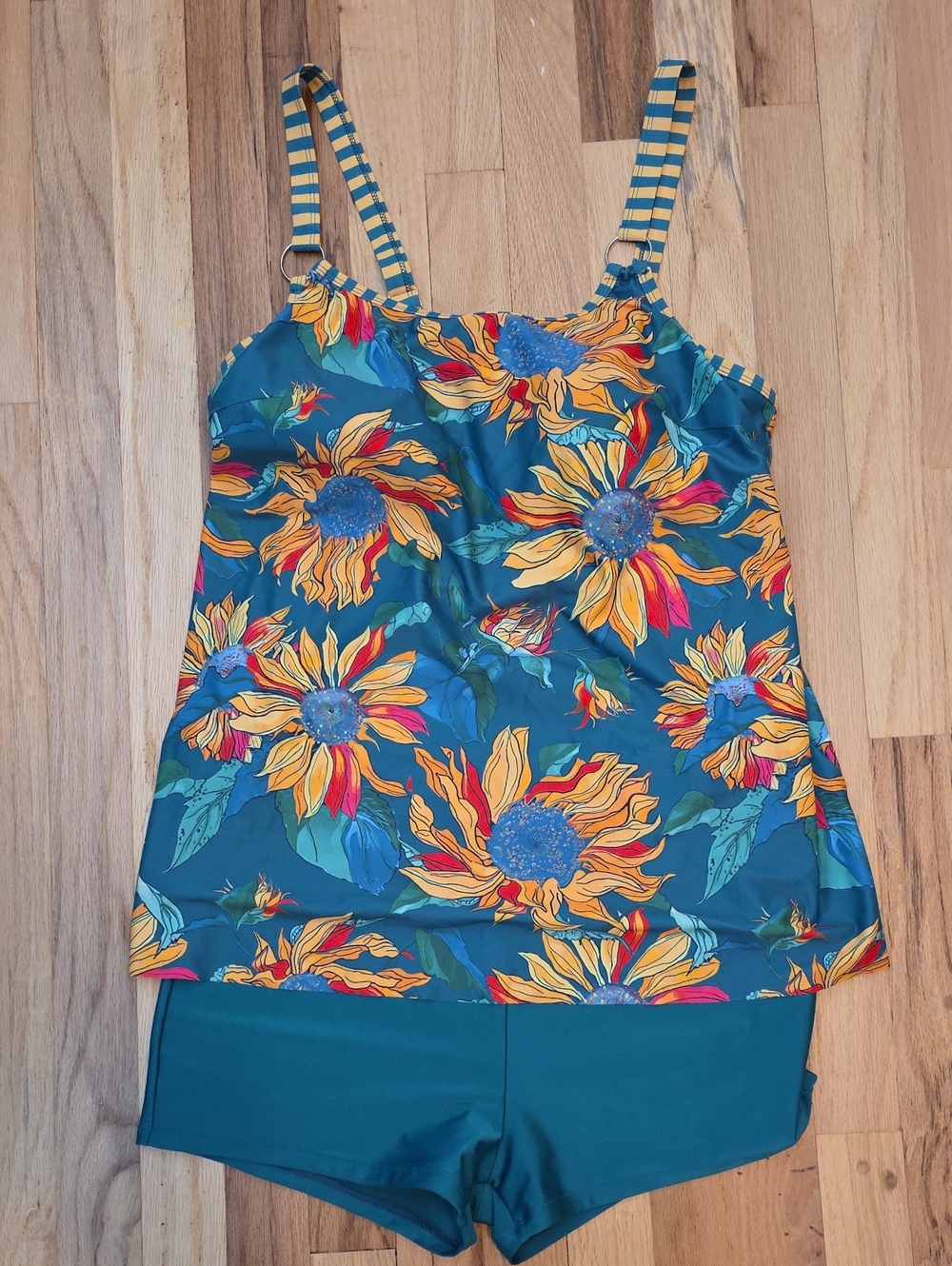 Teal Floral Sunflower Swim Tankini with Striped Adjustable Straps And Boy Shorts